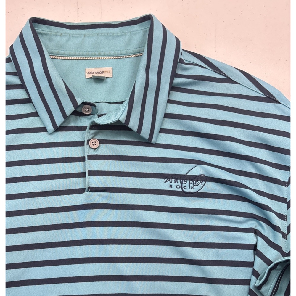 Ashworth Blue Striped Gold Polo Whisper Rock Gold Club Logo‎ Mens XL Performance